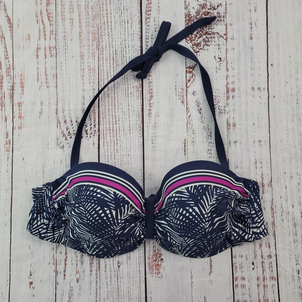 Lascana Navy Pink Tropical Leaf Print Convertible Halter Strapless Bikini Top